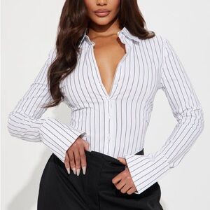 Fashion Nova Striped White Button-Up Women's Top Small